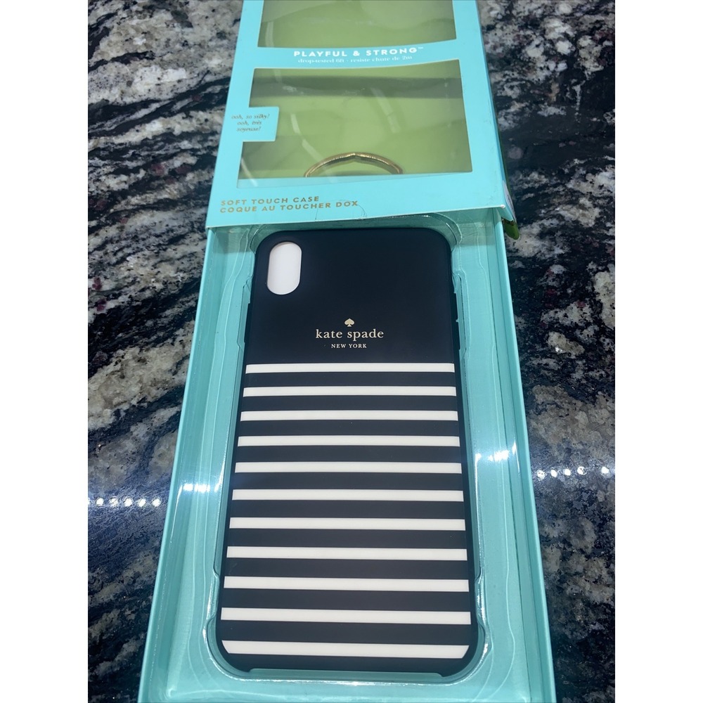 NIB Kate Spade New York Black/Cream Feeder Stripe Case, iPhone XS & X
